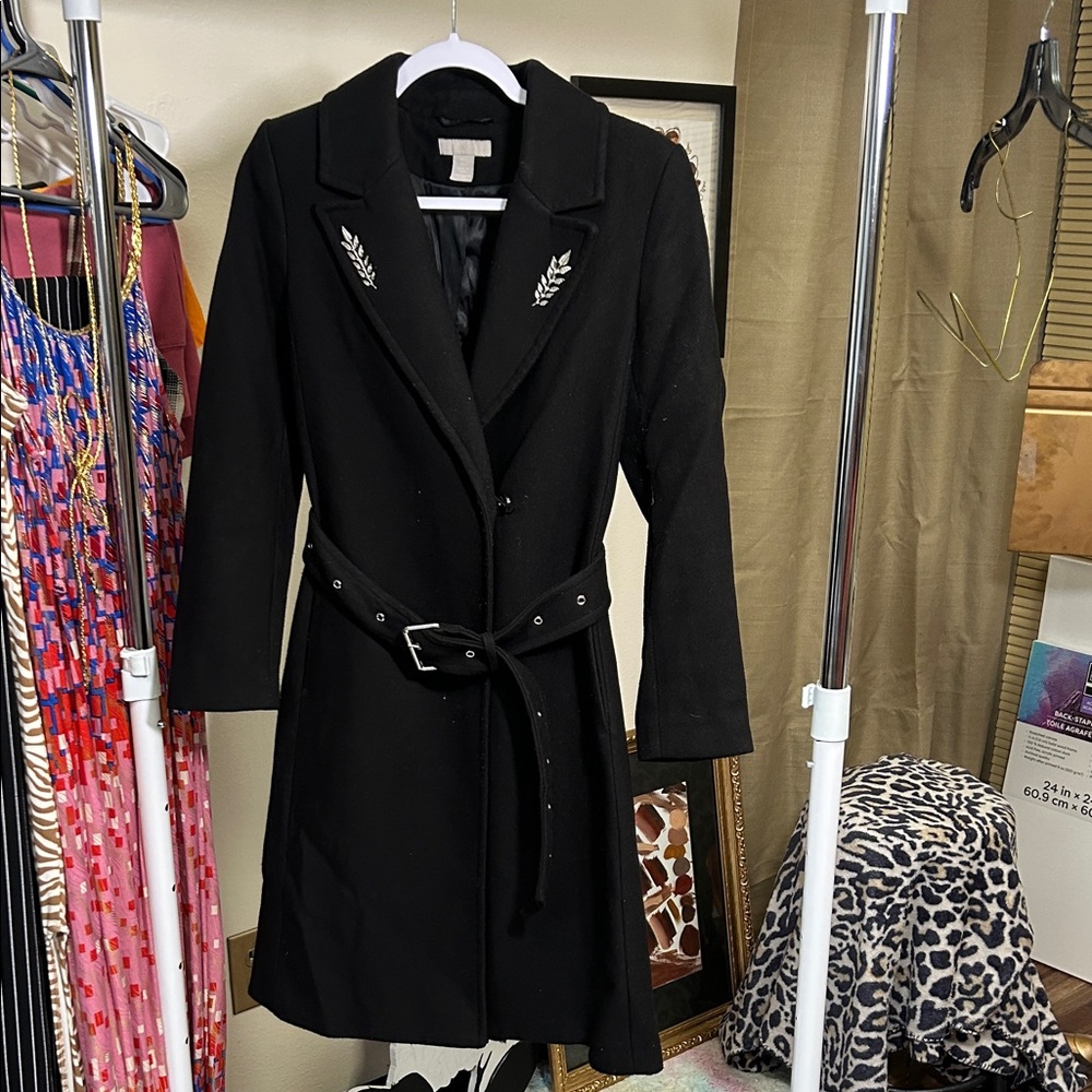 H&M Black Trench Coat with Embroidered Detail